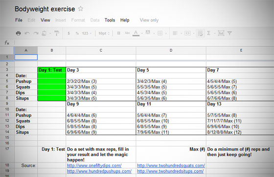 Bodyweight Exercise Training Program Spreadsheet
