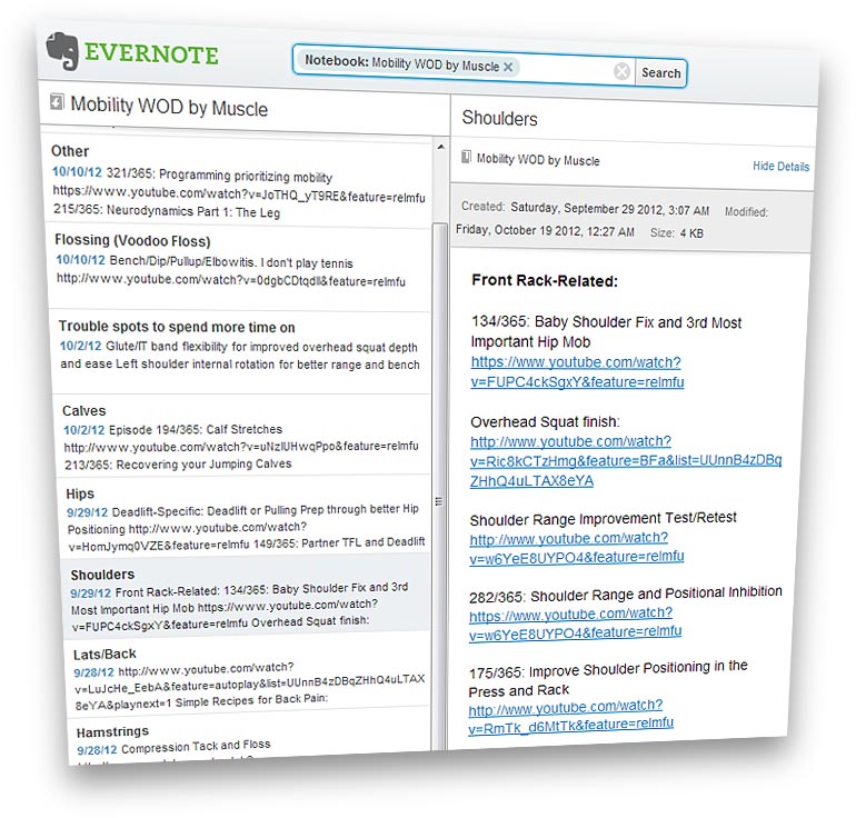 Evernote Mobility WOD by Muscle Group