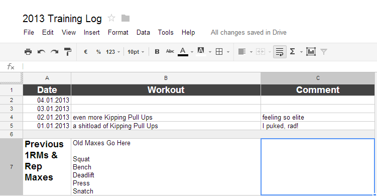 2013 Training Log Spreadsheet