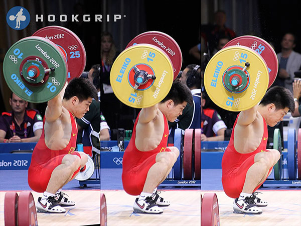 Lin Qingfeng (CHN, M69-) 2012 Olympic gold medalist pushing his head  forward to lock his shoulders in place. (Hookgrip)